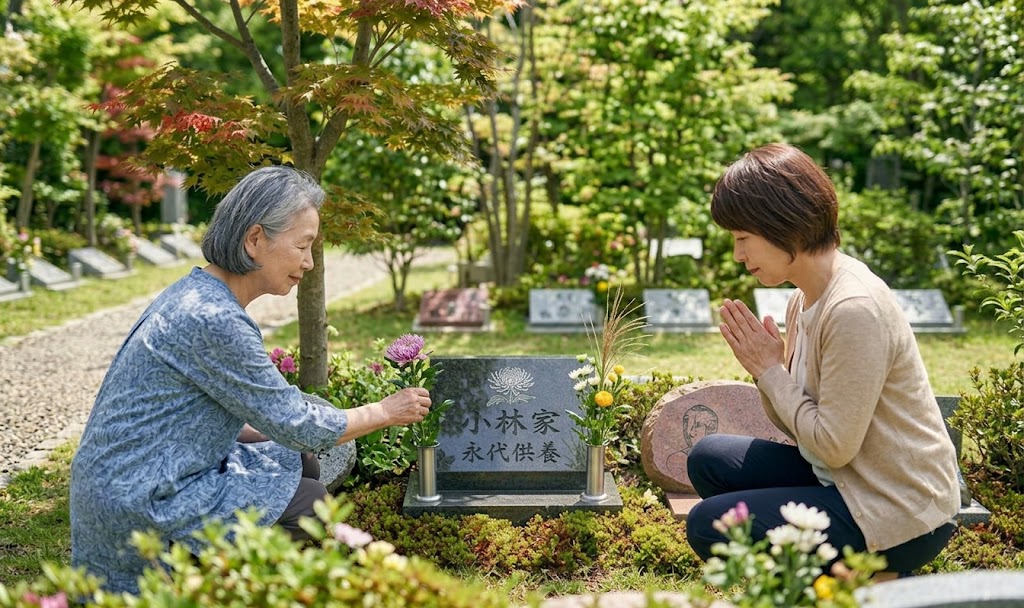 夫婦で樹木葬にお参り・献花する様子｜永代供養の銘板の前で手を合わせるご夫婦